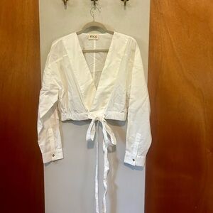 Etica April Surplice top - chic white long sleeve cropped wrap blouse, large